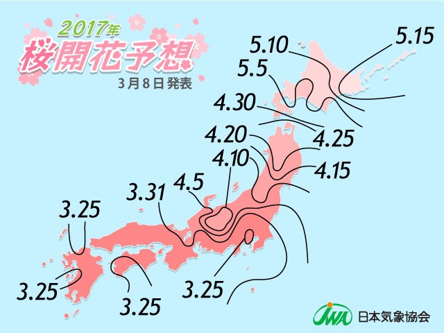 2017年　桜開花予想前線