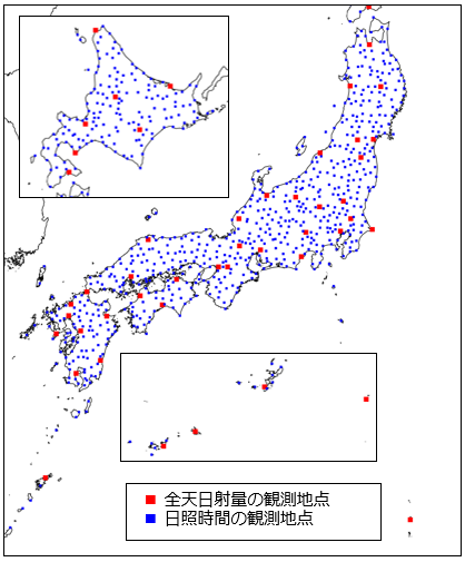 全天日射量と日照時間の観測地点（気象庁 2018年5月現在）