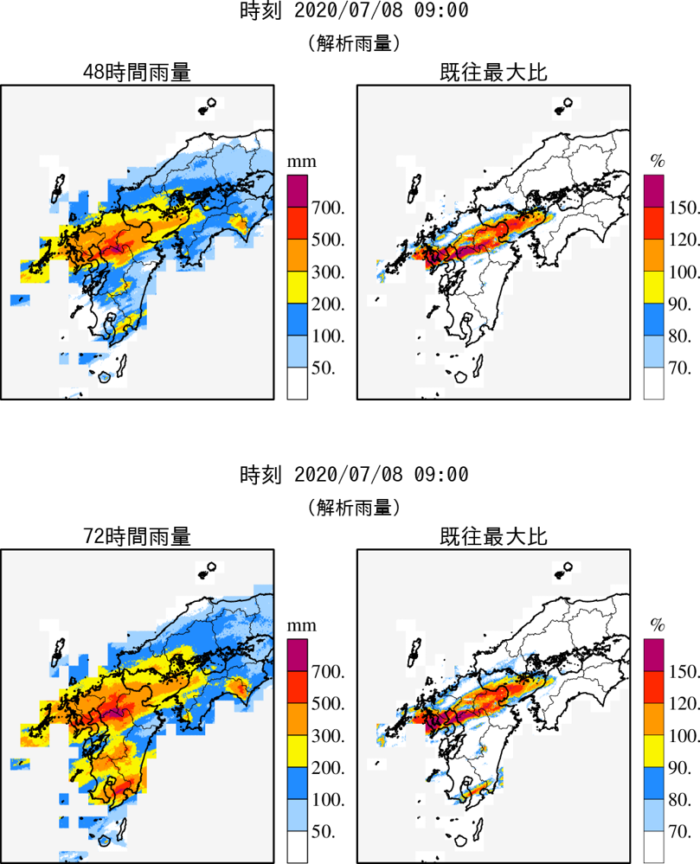 図2　7月8日9時時点の最大48時間、72時間雨量とその過去最大値との比（過去最大値の集計期間は国土交通省解析雨量が1kmメッシュ解像度として 整備された2006年5月～2019年12月）