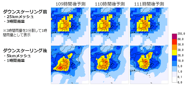 図１: 深層学習時空間ダウンスケーリング手法の適用例