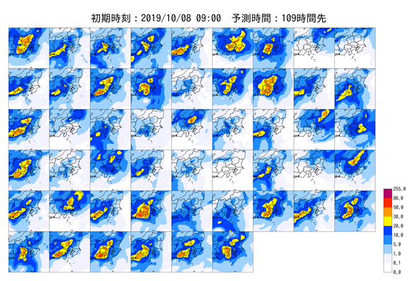 図２：令和元年東日本台風（台風第19号）における51通りの予測シナリオ