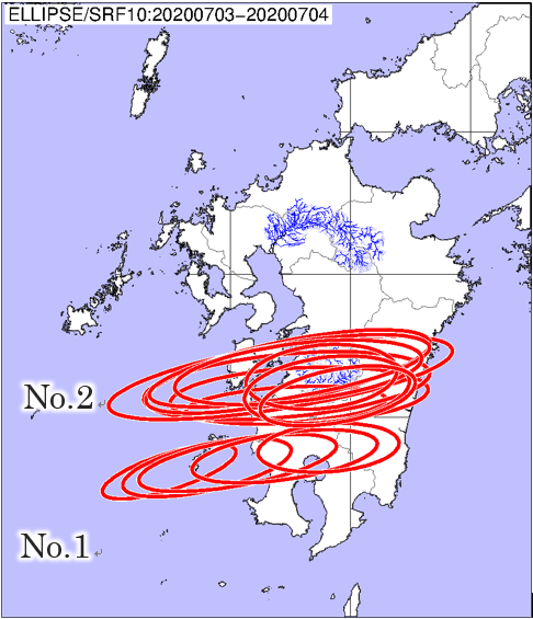 図1　線状降水帯抽出結果7月3日正午～7月４日正午 本報告は、「内閣府戦略的イノベーション創造プログラム（SIP）第2期 『国家レジリエンス（防災・減災）の強化』」の研究課題である「線状降水帯の早期発生及び発達予測情報の高度化と利活用に関する研究（研究代表者：国立研究開発法人防災科学技術研究所）」の成果に基づき解析したものです。