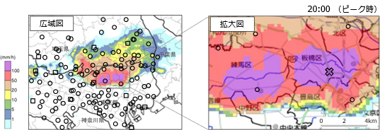 〈左図〉広域図　〈右図〉豪雨中心部拡大図