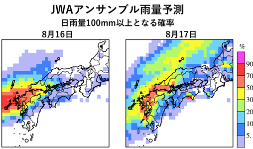 図２　８月1５日10時時点の8月16日（月）、17日（火）の日雨量100mm以上となる確率。