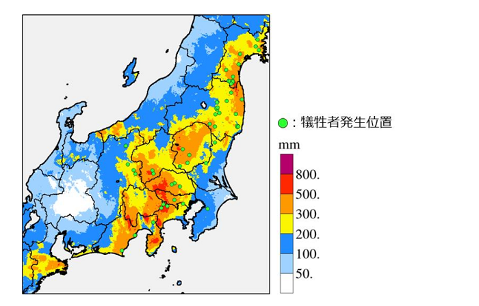 図3　令和元年台風第19号（東日本台風）での最大24時間雨量の分布図。図中の緑色の●は、犠牲者の発生位置が推定された場所を示す（静岡大学・牛山教授調べ）。