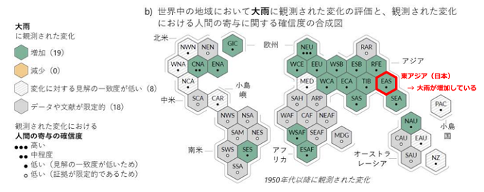 図 1 観測された大雨事例の変化 （緑色六角形は、1950年以降に大雨が増加傾向にあることを示す。）