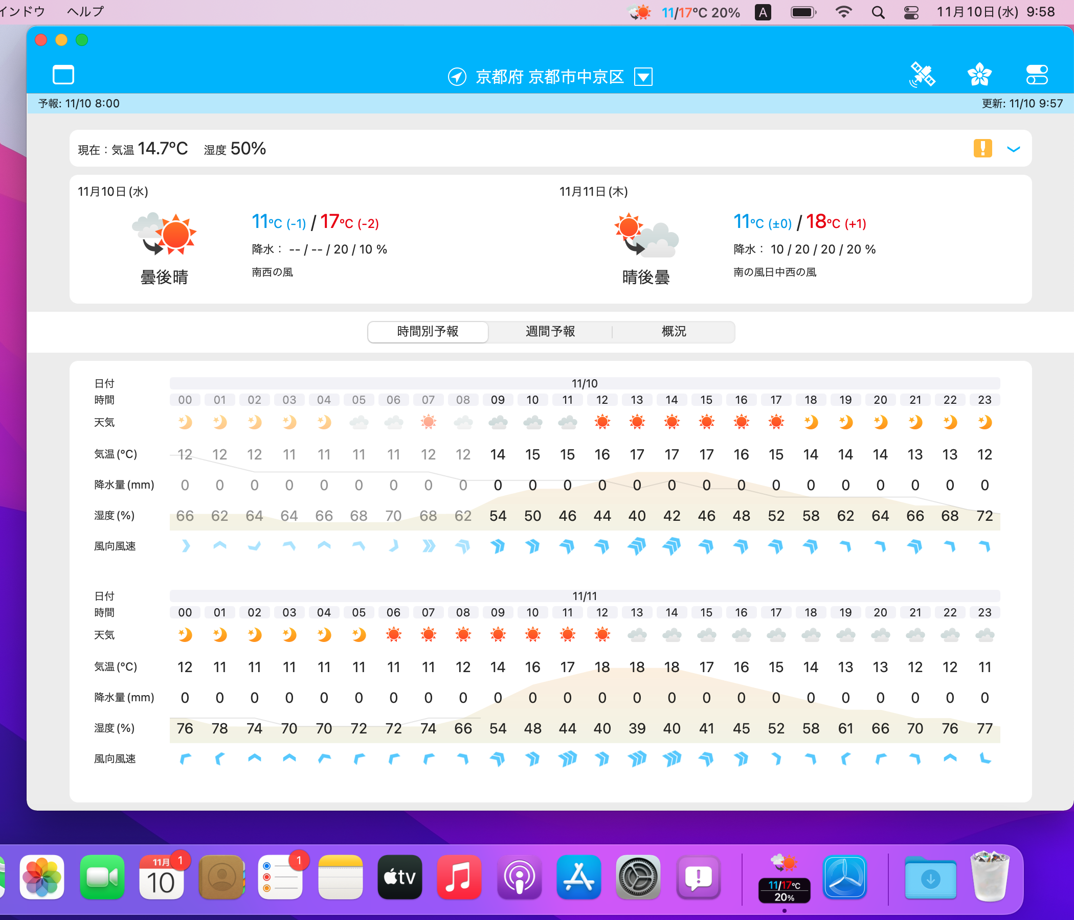 登録地域一覧を非表示にし、1時間単位の時間別予報を表示したイメージ