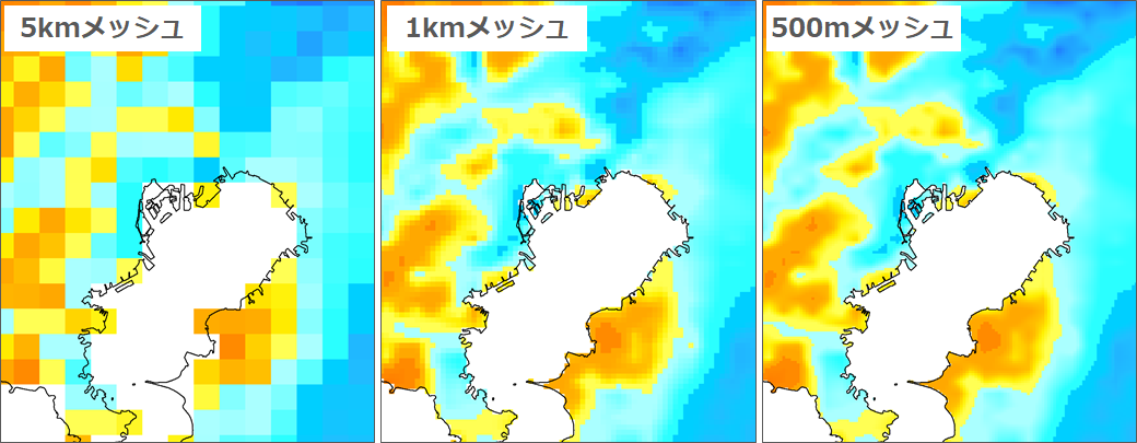 解像度の違いによる日射量予測例（左より5kmメッシュ、1kmメッシュ、500mメッシュ）