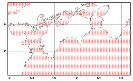 Grid point map constructed from the wind and wave database (example: Shikoku region)