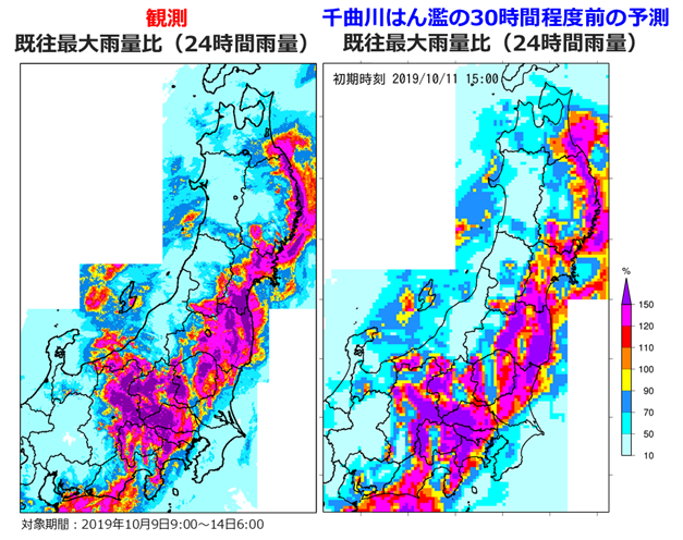 2019年台風19号時の既往最大雨量比の予測状況（図１）