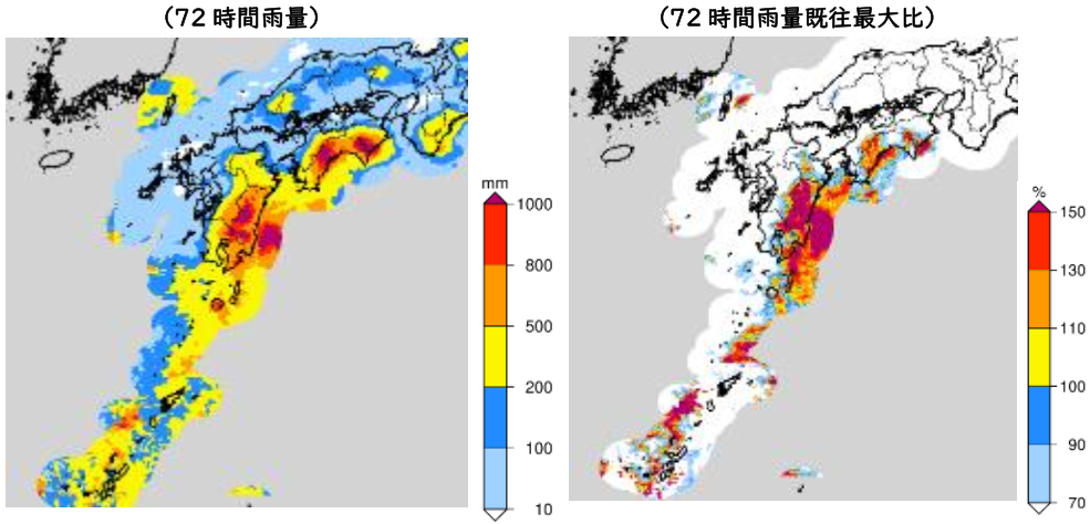 図1 9月3日(土)から6日(火)にかけての72時間雨量(左図)とその過去最大値との比(右図)
