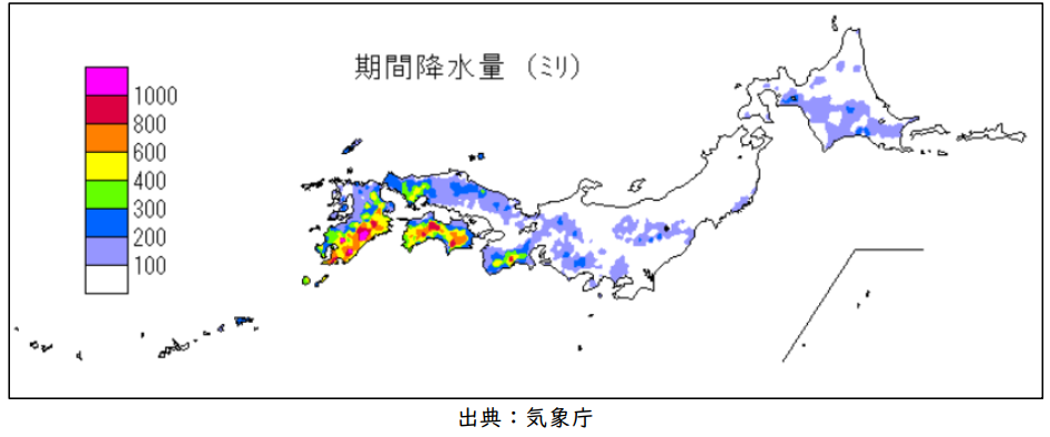 図3 降水量の合計(2005年9月3日~9月8日、2005年台風第14号)