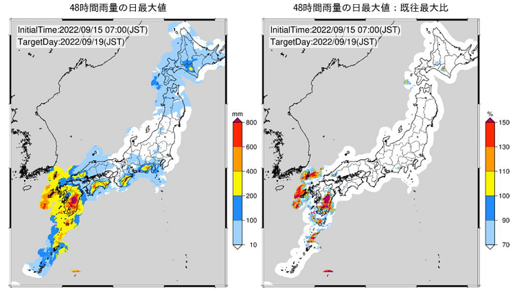 図1　9月17日（土）～19日（月）にかけて予想される48時間雨量最大値と既往最大比。 （過去最大値の集計期間：2006年5月～2021年12月）