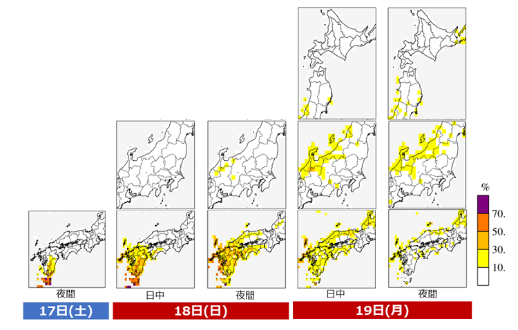 図２　瞬間風速30m/s以上の風が吹く確率分布。 （日中：06時～18時／夜間：18時～翌06時）