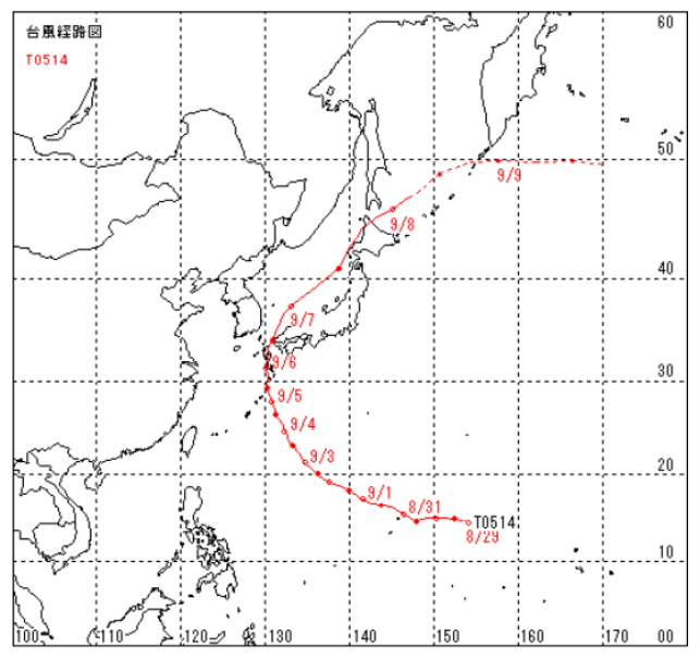 出典：気象庁　図3　台風進路図（2005年台風第14号）