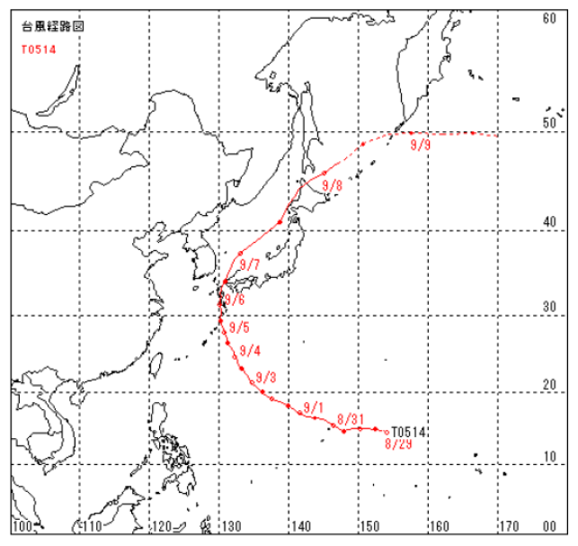 出典:気象庁 図3 台風進路図(2005年台風第14号)