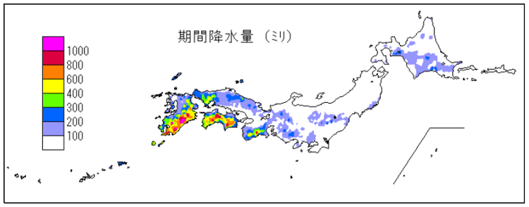 出典：気象庁 図4　降水量の合計(2005年9月3日～9月8日、2005年台風第14号)　 