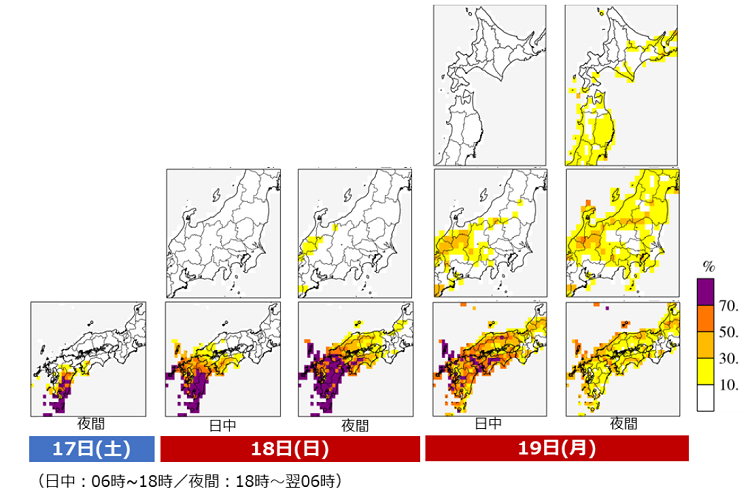 図2　瞬間風速25m/s以上の風が吹く確率分布。 （日中：06時～18時／夜間：18時～翌06時）