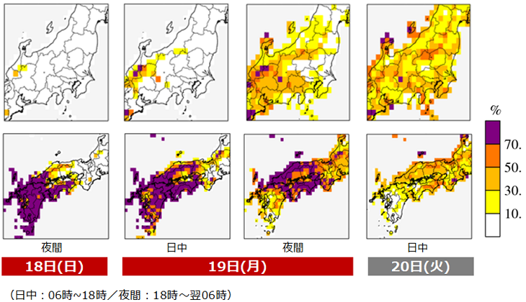 図2 瞬間風速25m/s以上の風が吹く確率分布。 (日中:06時~18時/夜間:18時~翌06時)