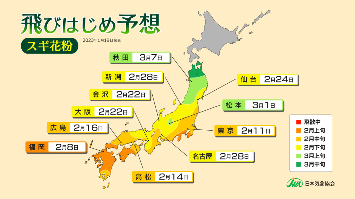 ※飛散開始日：1平方センチメートルあたり1個以上のスギ花粉を2日連続して観測した場合の最初の日