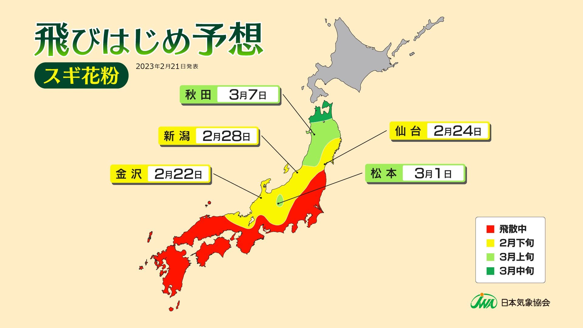 ※飛散開始日：1平方センチメートルあたり1個以上のスギ花粉を2日連続して観測した場合の最初の日