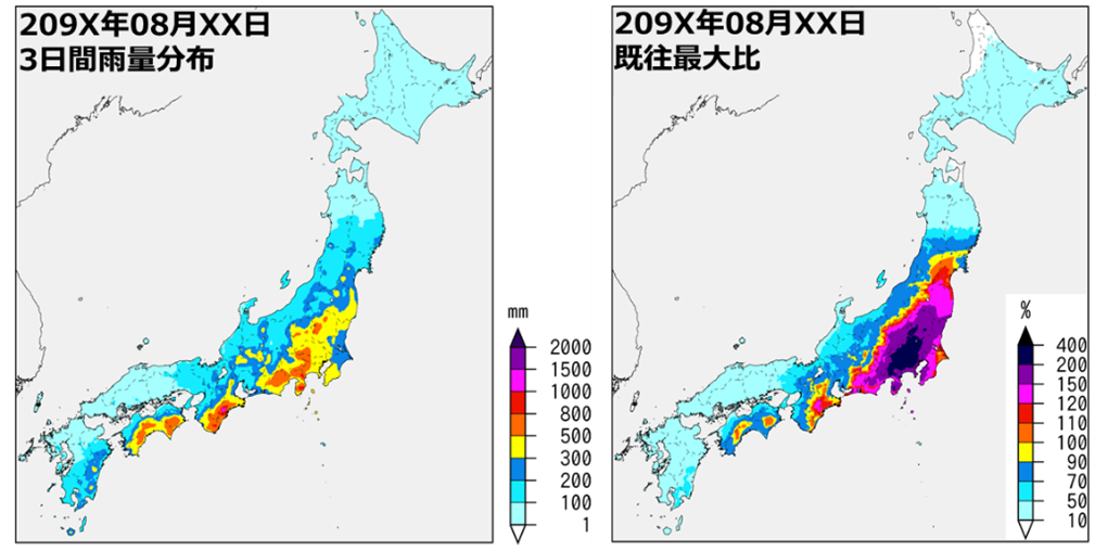 将来期間における雨量分布と既往最大比の推計イメージ