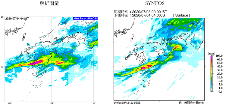 図２　SYNFOSの大雨予測事例（令和2年球磨川豪雨）