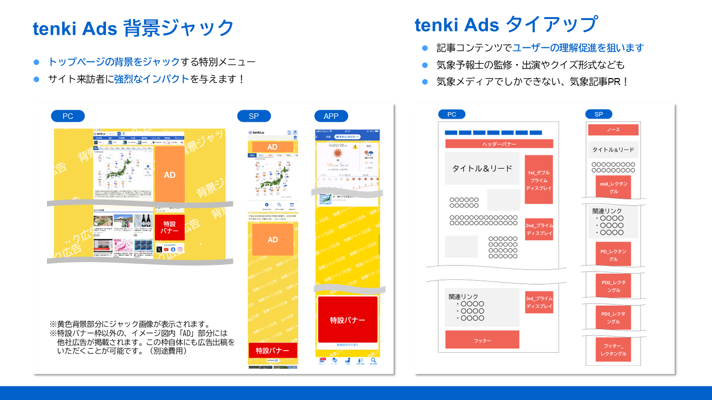 「tenki.jp」で提供している広告メニュー例
