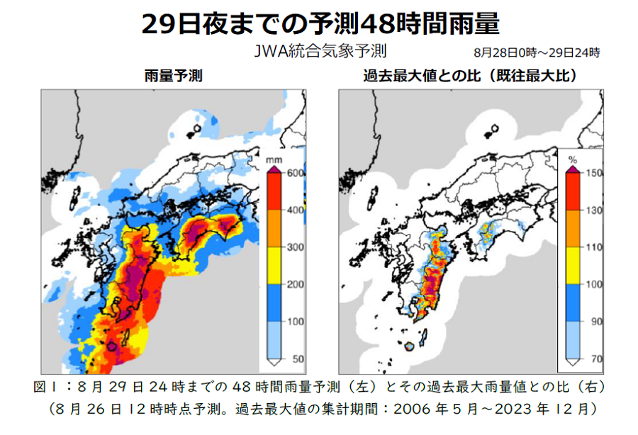 図１：8月12日2図１：8月29日24時までの48時間雨量予測（左）とその過去最大雨量値との比（右） （8月26日12時時点予測。過去最大値の集計期間：2006年5月～2023年12月）時までの48時間雨量予測（左）とその過去最大雨量値との比（右） （8月11日12時時点予測。過去最大値の集計期間：2006年5月～2023年12月）