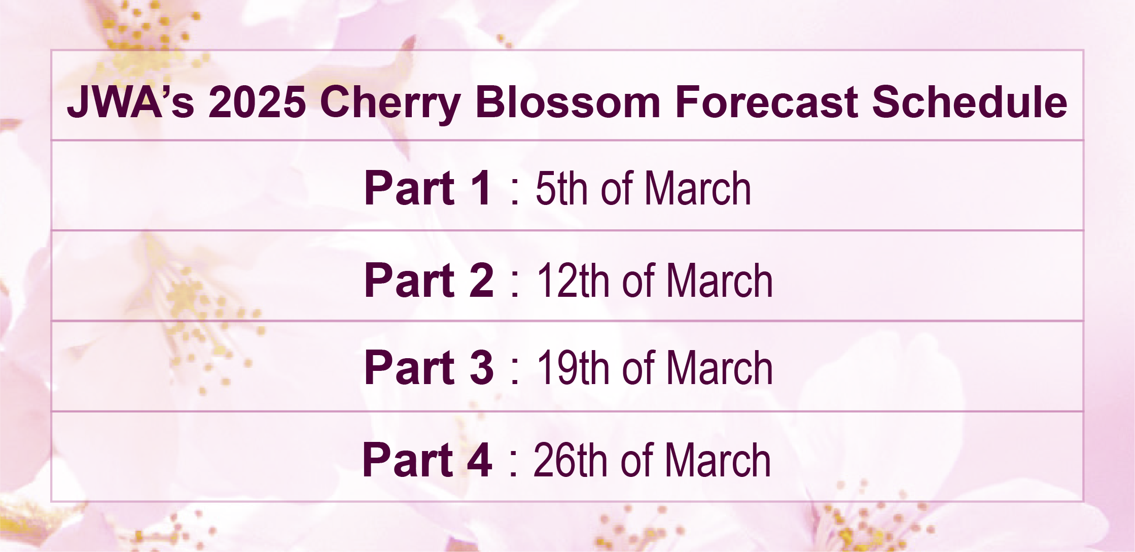 JWA's 2025 cherry blossom forecast schedule