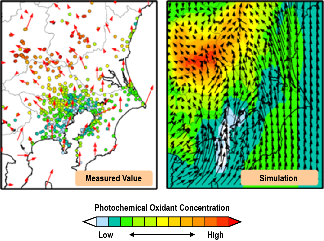 Figure: Example for photochemical oxidants： (left) measured concentrations, (right) simulated concentrations.