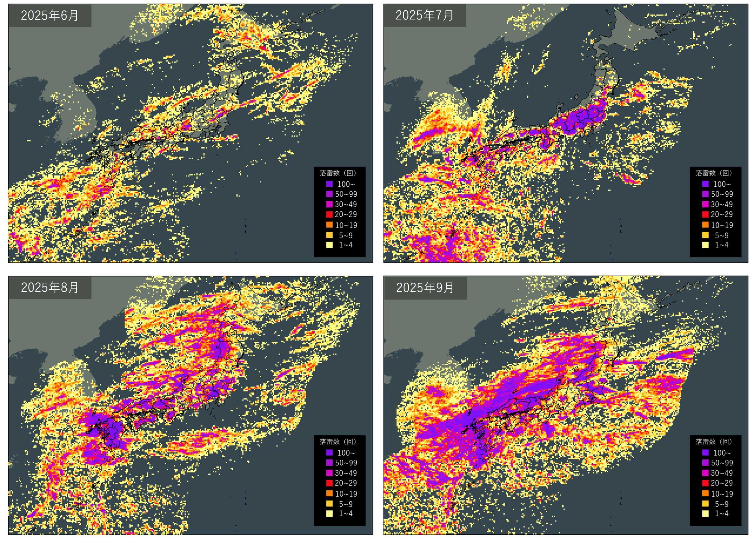 図3 2025年夏(6月~9月)の月別の落雷分布図