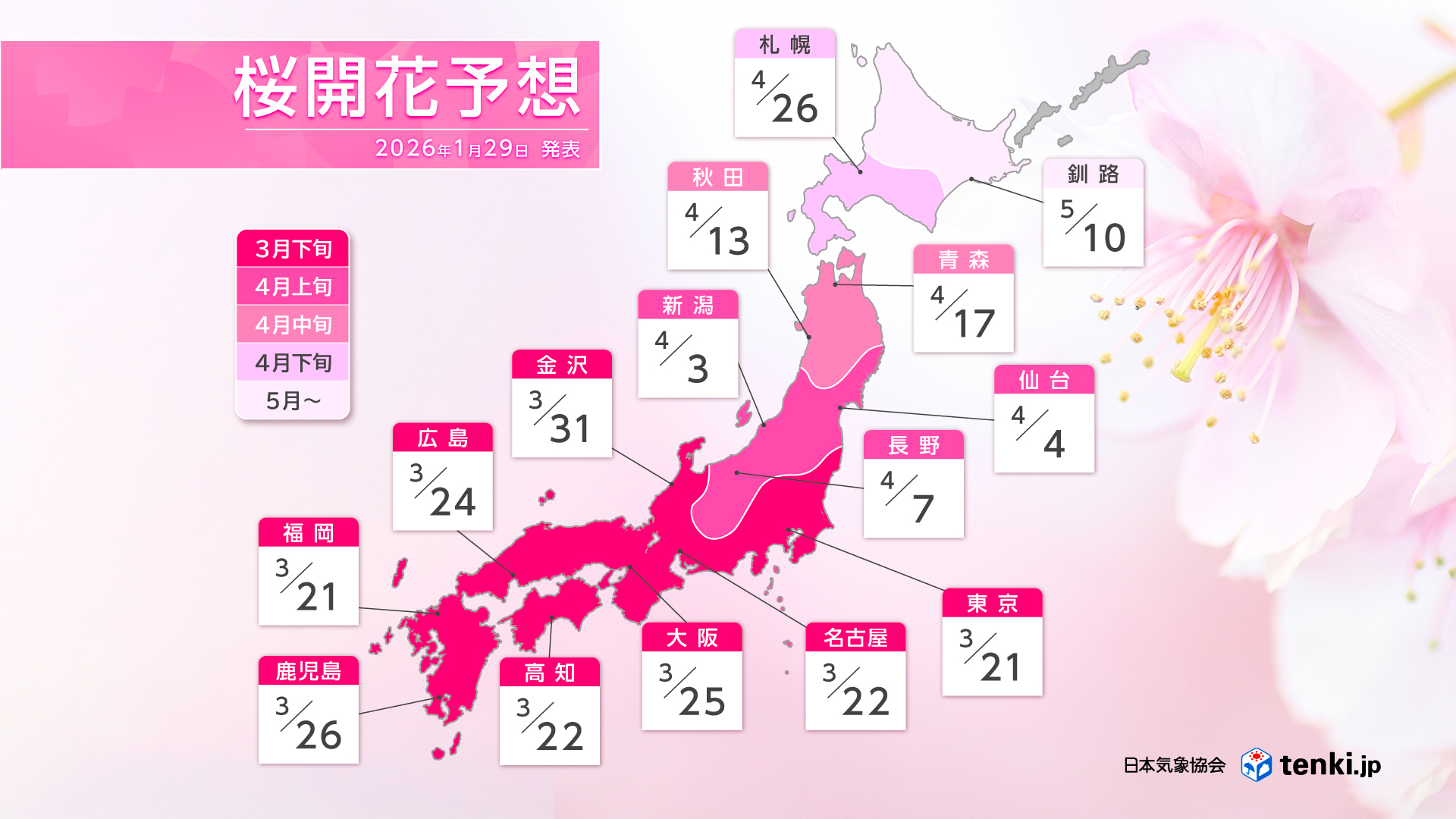 桜の開花予想前線