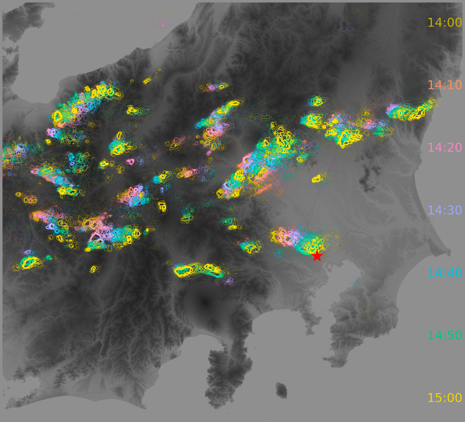 図2:雷雲の移動履歴などへの応用を想定した、気象現象の移動履歴・移動傾向の可視化イメージ※2